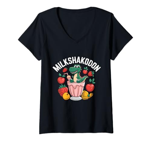 Damen Milchshake Dinosaurier Milchshake T-Rex Dino Milchshake T-Shirt mit V-Ausschnitt von Funny Milkshake Dinosaur Designs