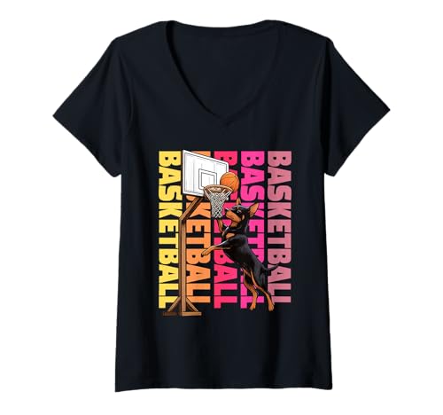 Damen Miniatur Pinscher Basketball Sport Hundeliebhaber T-Shirt mit V-Ausschnitt Damen Miniatur Pinscher Basketball Sport Hundeliebhaber T-Shirt mit V-Ausschnitt von Funny Min Pin Basketball Player Dog Designs