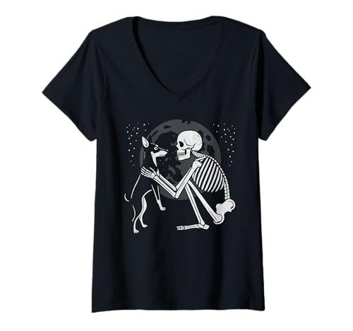 Damen Miniatur Pinscher Skelett Mond Halloween Hundeliebhaber T-Shirt mit V-Ausschnitt Damen Miniatur Pinscher Skelett Mond Halloween Hundeliebhaber T-Shirt mit V-Ausschnitt von Funny Min Pin Gothic Dog Designs