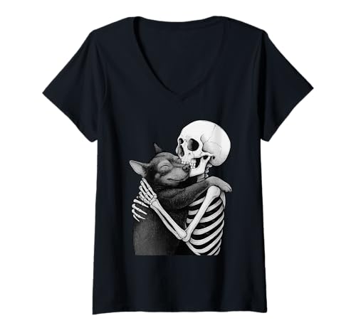 Damen Miniatur Pinscher Skelett Umarmung Halloween Hundeliebhaber T-Shirt mit V-Ausschnitt Damen Miniatur Pinscher Skelett Umarmung Halloween Hundeliebhaber T-Shirt mit V-Ausschnitt von Funny Min Pin Gothic Dog Designs