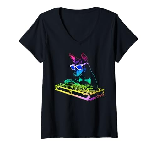Damen Miniatur Pinscher DJ Musik Party Hundeliebhaber T-Shirt mit V-Ausschnitt Damen Miniatur Pinscher DJ Musik Party Hundeliebhaber T-Shirt mit V-Ausschnitt von Funny Min Pin House Music Dog Designs
