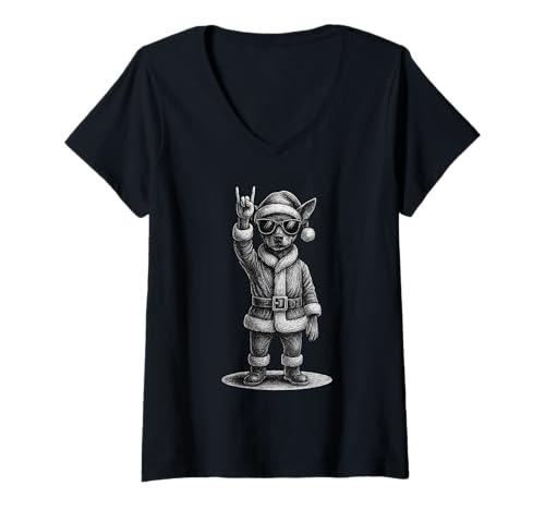 Damen Miniatur Pinscher Rockmusik Weihnachten Hundeliebhaber T-Shirt mit V-Ausschnitt Damen Miniatur Pinscher Rockmusik Weihnachten Hundeliebhaber T-Shirt mit V-Ausschnitt von Funny Min Pin Rock And Roll Dog Designs