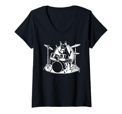 Damen Miniatur Pinscher Schlagzeug Schlagzeuger Hundeliebhaber T-Shirt mit V-Ausschnitt Damen Miniatur Pinscher Schlagzeug Schlagzeuger Hundeliebhaber T-Shirt mit V-Ausschnitt von Funny Min Pin Rock And Roll Dog Designs