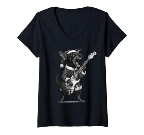 Damen Miniatur Pinscher Spielgitarre Weihnachten Hundeliebhaber T-Shirt mit V-Ausschnitt Damen Miniatur Pinscher Spielgitarre Weihnachten Hundeliebhaber T-Shirt mit V-Ausschnitt von Funny Min Pin Rock Music Dog Designs