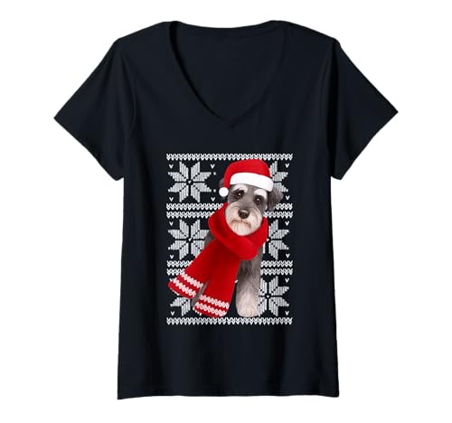 Damen Schnauzer Hässlicher Weihnachtsfeiertag Hundeliebhaber T-Shirt mit V-Ausschnitt Damen Schnauzer Hässlicher Weihnachtsfeiertag Hundeliebhaber T-Shirt mit V-Ausschnitt von Funny Miniature Schnauzer Festive Dog Designs