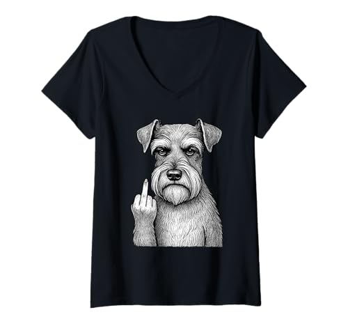 Damen Schnauzer Mittelfinger sarkastischer Hundeliebhaber T-Shirt mit V-Ausschnitt Damen Schnauzer Mittelfinger sarkastischer Hundeliebhaber T-Shirt mit V-Ausschnitt von Funny Miniature Schnauzer Flipping Off Dog Designs