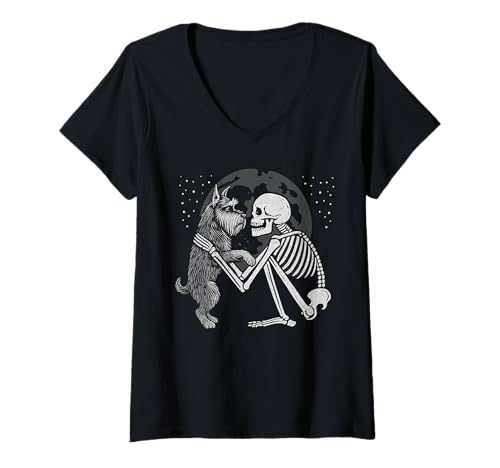 Damen Schnauzer Skelett Mond Halloween Hundeliebhaber T-Shirt mit V-Ausschnitt Damen Schnauzer Skelett Mond Halloween Hundeliebhaber T-Shirt mit V-Ausschnitt von Funny Miniature Schnauzer Gothic Dog Designs