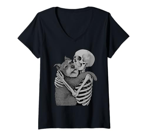 Damen Schnauzer Skelett Umarmung Halloween Hundeliebhaber T-Shirt mit V-Ausschnitt Damen Schnauzer Skelett Umarmung Halloween Hundeliebhaber T-Shirt mit V-Ausschnitt von Funny Miniature Schnauzer Gothic Dog Designs