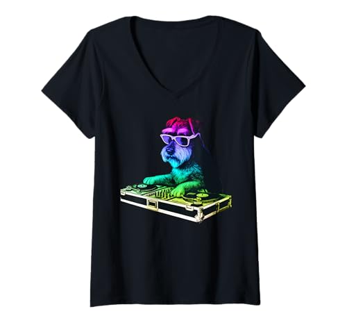 Damen Schnauzer DJ Musik Party Hundeliebhaber T-Shirt mit V-Ausschnitt Damen Schnauzer DJ Musik Party Hundeliebhaber T-Shirt mit V-Ausschnitt von Funny Miniature Schnauzer House Music Dog Designs