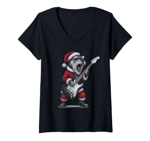 Damen Schnauzer spielt Gitarre Weihnachten Hundeliebhaber T-Shirt mit V-Ausschnitt Damen Schnauzer spielt Gitarre Weihnachten Hundeliebhaber T-Shirt mit V-Ausschnitt von Funny Miniature Schnauzer Rock Music Dog Designs