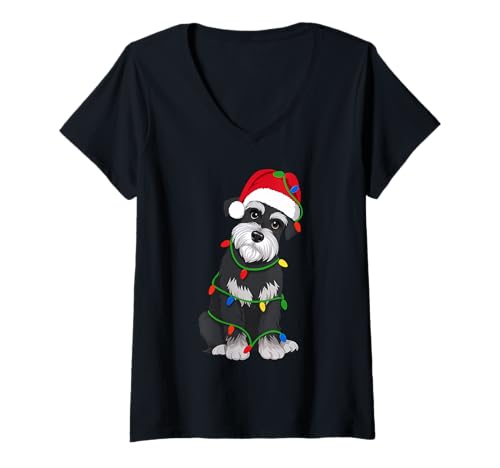 Damen Schnauzer Weihnachtsbaum Lichter Urlaub Hundeliebhaber T-Shirt mit V-Ausschnitt Damen Schnauzer Weihnachtsbaum Lichter Urlaub Hundeliebhaber T-Shirt mit V-Ausschnitt von Funny Miniature Schnauzer Xmas Tree Dog Designs
