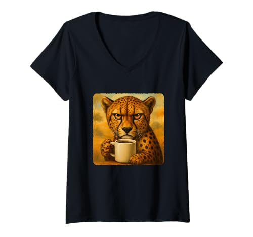 Damen Cheetah Grumpy Coffee Morning Humor Wildlife Tired Tasse T-Shirt mit V-Ausschnitt Damen Cheetah Grumpy Coffee Morning Humor Wildlife Tired Tasse T-Shirt mit V-Ausschnitt von Funny Monday Sleepy Caffeine Nature Sarcasm Angry