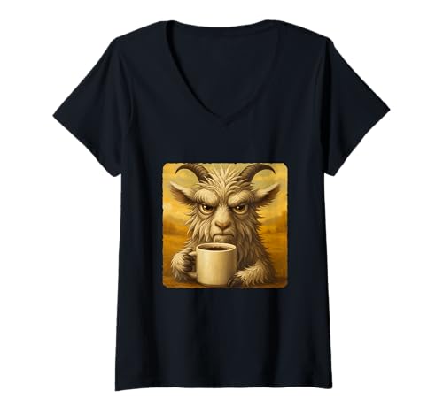 Damen Goat Grumpy Coffee Morning Humor Wildlife Tired Tasse T-Shirt mit V-Ausschnitt Damen Goat Grumpy Coffee Morning Humor Wildlife Tired Tasse T-Shirt mit V-Ausschnitt von Funny Monday Sleepy Caffeine Nature Sarcasm Angry