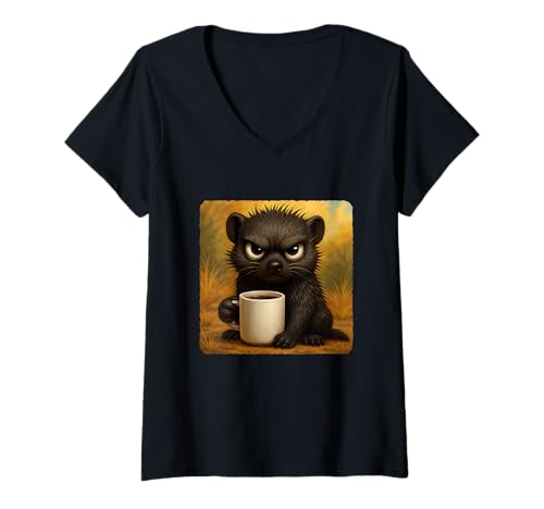 Damen Mongoose Grumpy Coffee Morning Humor Wildlife Tired Tasse T-Shirt mit V-Ausschnitt Damen Mongoose Grumpy Coffee Morning Humor Wildlife Tired Tasse T-Shirt mit V-Ausschnitt von Funny Monday Sleepy Caffeine Nature Sarcasm Angry