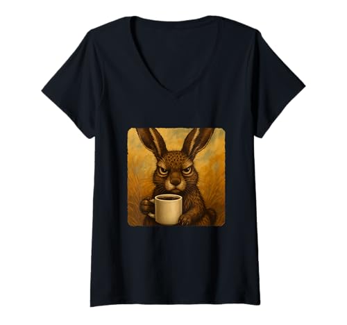 Damen Tasse mit Hasenmotiv "Grumpy Coffee Morning Humor Wildlife Tired" T-Shirt mit V-Ausschnitt Damen Tasse mit Hasenmotiv "Grumpy Coffee Morning Humor Wildlife Tired" T-Shirt mit V-Ausschnitt von Funny Monday Sleepy Caffeine Nature Sarcasm Angry