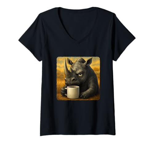 Damen Tasse mit Nashorn-Motiv "Grumpy Coffee Morning Humor Wildlife Tired T-Shirt mit V-Ausschnitt Damen Tasse mit Nashorn-Motiv "Grumpy Coffee Morning Humor Wildlife Tired T-Shirt mit V-Ausschnitt von Funny Monday Sleepy Caffeine Nature Sarcasm Angry