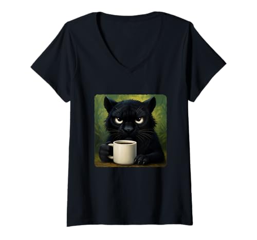Damen Tasse mit Panther Grumpy Coffee Morning Humor Wildlife Tired T-Shirt mit V-Ausschnitt Damen Tasse mit Panther Grumpy Coffee Morning Humor Wildlife Tired T-Shirt mit V-Ausschnitt von Funny Monday Sleepy Caffeine Nature Sarcasm Angry