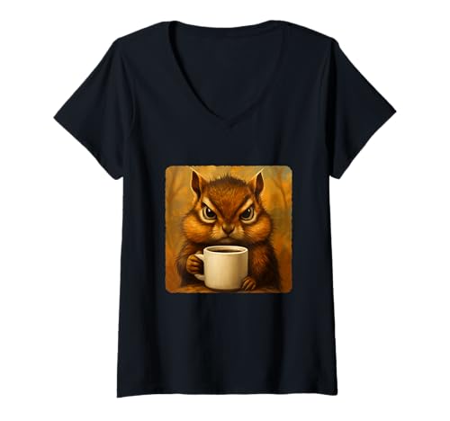 Damen Tasse mit Streifenhörnchen-Motiv "Grumpy Coffee Morning Humor Wildlife Tired" T-Shirt mit V-Ausschnitt Damen Tasse mit Streifenhörnchen-Motiv "Grumpy Coffee Morning Humor Wildlife Tired" T-Shirt mit V-Ausschnitt von Funny Monday Sleepy Caffeine Nature Sarcasm Angry
