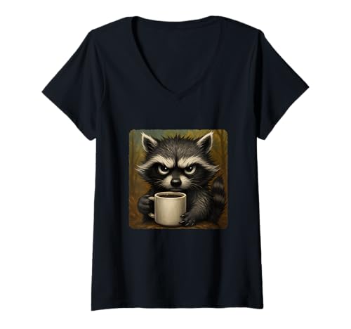 Damen Tasse mit Waschbär Grumpy Coffee Morning Humor Wildlife Tired T-Shirt mit V-Ausschnitt Damen Tasse mit Waschbär Grumpy Coffee Morning Humor Wildlife Tired T-Shirt mit V-Ausschnitt von Funny Monday Sleepy Caffeine Nature Sarcasm Angry