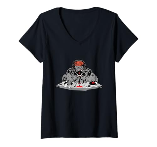 Damen Coole Gorilla DJ Disco Tanzparty Techno Hardcore T-Shirt mit V-Ausschnitt Damen Coole Gorilla DJ Disco Tanzparty Techno Hardcore T-Shirt mit V-Ausschnitt von Funny Monkey DJ Dance Music Techno