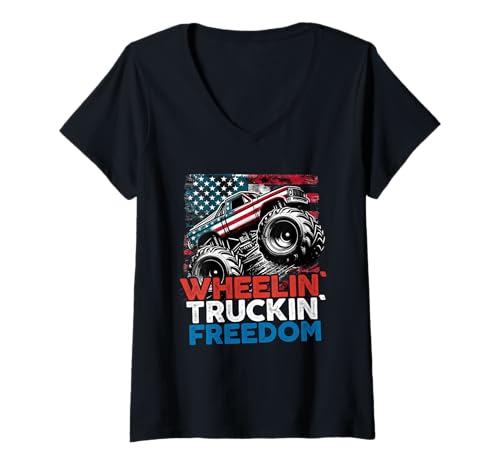 Damen Wheelin Truckin Freedom USA Flagge Monster Truck Lustiger Spruch T-Shirt mit V-Ausschnitt Damen Wheelin Truckin Freedom USA Flagge Monster Truck Lustiger Spruch T-Shirt mit V-Ausschnitt von Funny Monster Truck American Freedom US Flag
