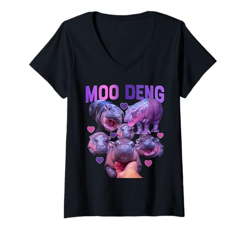 Damen Niedliches Moo Deng Lustiges Baby Nilpferd Pygmy Nilpferd T-Shirt mit V-Ausschnitt von Funny Moo-Deng Cute Baby Hippo Pygmy Hippopotamus