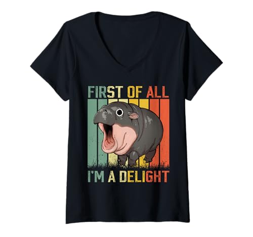 Damen Zuallererst I'm A Delight Angry Moo Deng Baby Pygmy Nilpferd T-Shirt mit V-Ausschnitt von Funny Moo-Deng Cute Baby Hippo Pygmy Hippopotamus