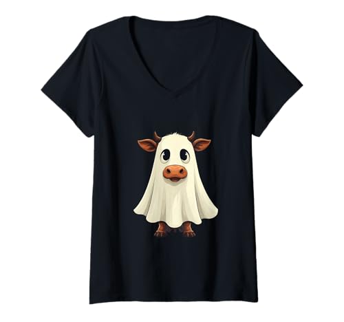 Damen Gruselige lustige Kuh-Zitate Moo I Mean Boo Zitate Lustiger Kuhliebhaber T-Shirt mit V-Ausschnitt von Funny Moo I Mean Boo Shirt Moo I Mean Boo T Shirt
