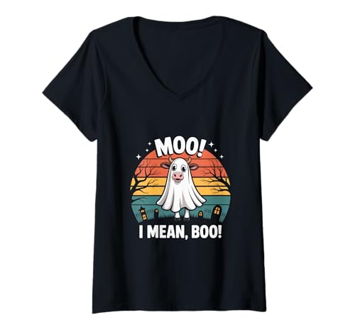 Damen Gruselige lustige Kuh-Zitate Moo I Mean Boo Zitate Lustiger Kuhliebhaber T-Shirt mit V-Ausschnitt Damen Gruselige lustige Kuh-Zitate Moo I Mean Boo Zitate Lustiger Kuhliebhaber T-Shirt mit V-Ausschnitt von Funny Moo I Mean Boo Shirt Moo I Mean Boo T Shirt