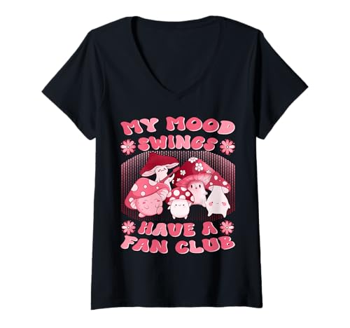 Damen Damen Mood Swings Fan Club - Kawaii Pilz Design T-Shirt mit V-Ausschnitt Damen Damen Mood Swings Fan Club - Kawaii Pilz Design T-Shirt mit V-Ausschnitt von Funny Mood Gifts For Girls Women Cute Mushrooms
