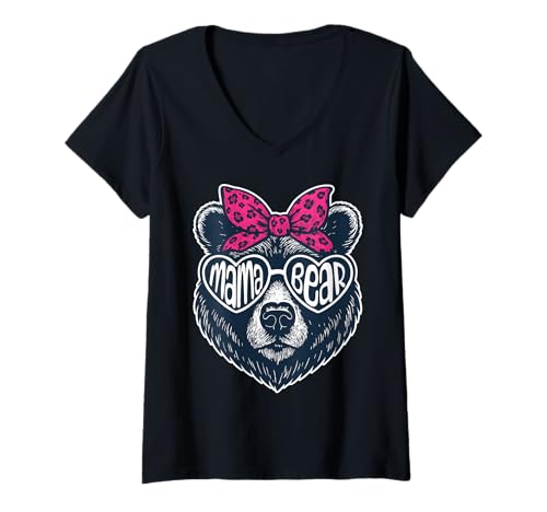 Damen Mama Bear Gesicht Sonnenbrille Mama Bär Mama Muttertag T-Shirt mit V-Ausschnitt Damen Mama Bear Gesicht Sonnenbrille Mama Bär Mama Muttertag T-Shirt mit V-Ausschnitt von Funny Mother’s Day Mama Bear Sunglasses Bow Tie