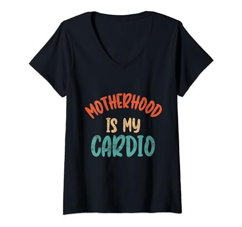 Damen Mutterschaft ist mein Cardio Lustiger Muttertag im Vintage-Stil T-Shirt mit V-Ausschnitt von Funny Motherhood Is My Cardio Gifts Idea
