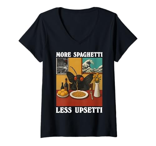 Damen More Spaghetti Less Upsetti Lustiger Mothman T-Shirt mit V-Ausschnitt von Funny Mothman Cryptid