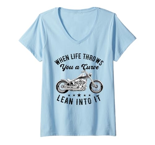 Damen Wenn das Leben dir eine Kurve wirft, Neige es, Motorradfahrer T-Shirt mit V-Ausschnitt von Funny Motorcycle Biker Apparel