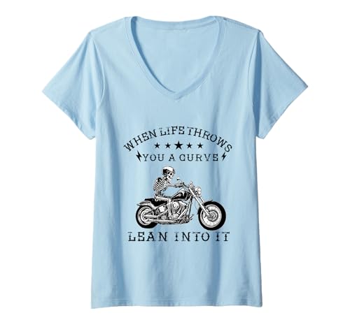 Damen Wenn das Leben dir eine Kurve wirft, Neige es, Motorradfahrer T-Shirt mit V-Ausschnitt von Funny Motorcycle Biker Apparel