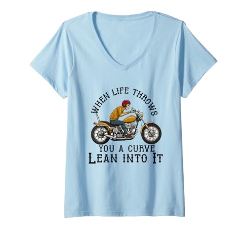 Damen Wenn das Leben dir eine Kurve wirft, Neige es, Motorradfahrer T-Shirt mit V-Ausschnitt von Funny Motorcycle Biker Apparel