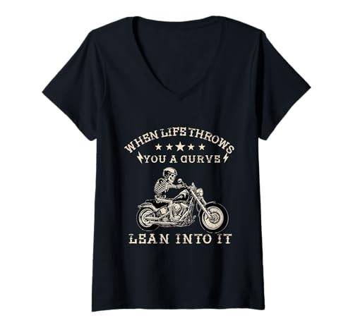 Damen Wenn das Leben dir eine Kurve wirft, Neige es, Motorradfahrer T-Shirt mit V-Ausschnitt von Funny Motorcycle Biker Apparel
