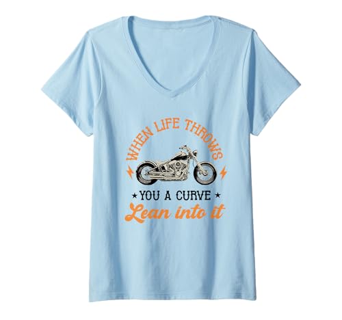 Damen Wenn das Leben dir eine Kurve wirft, Neige es, Motorradfahrer T-Shirt mit V-Ausschnitt von Funny Motorcycle Biker Apparel