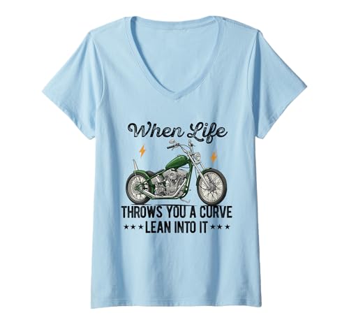 Damen Wenn das Leben dir eine Kurve wirft, Neige es, Motorradfahrer T-Shirt mit V-Ausschnitt von Funny Motorcycle Biker Apparel