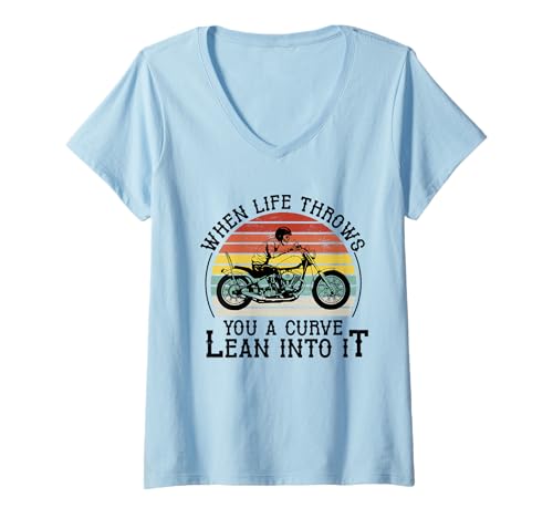 Damen Wenn das Leben dir eine Kurve wirft, Neige es, Motorradfahrer T-Shirt mit V-Ausschnitt von Funny Motorcycle Biker Apparel