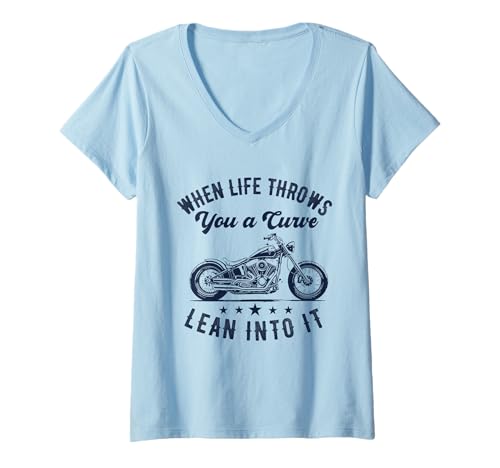Damen Wenn das Leben dir eine Kurve wirft, Neige es, Motorradfahrer T-Shirt mit V-Ausschnitt von Funny Motorcycle Biker Apparel