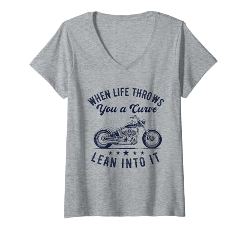Damen Wenn das Leben dir eine Kurve wirft, Neige es, Motorradfahrer T-Shirt mit V-Ausschnitt von Funny Motorcycle Biker Apparel