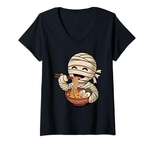 Damen Adorable Mummy Eating Ramen Japanese Kawaii Nudeln T-Shirt mit V-Ausschnitt Damen Adorable Mummy Eating Ramen Japanese Kawaii Nudeln T-Shirt mit V-Ausschnitt von Funny Mummy Ramen Lover Apparel