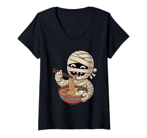 Damen Süße Mama isst Ramen Japanische Kawaii Halloween Nudeln T-Shirt mit V-Ausschnitt Damen Süße Mama isst Ramen Japanische Kawaii Halloween Nudeln T-Shirt mit V-Ausschnitt von Funny Mummy Ramen Lover Apparel