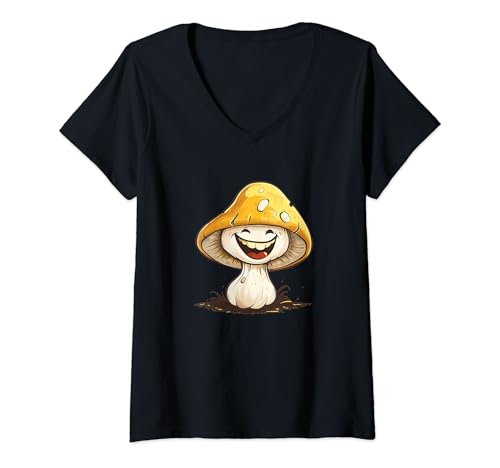 Damen Gelber lachender Pilz T-Shirt mit V-Ausschnitt von Funny Mushroom Outfit