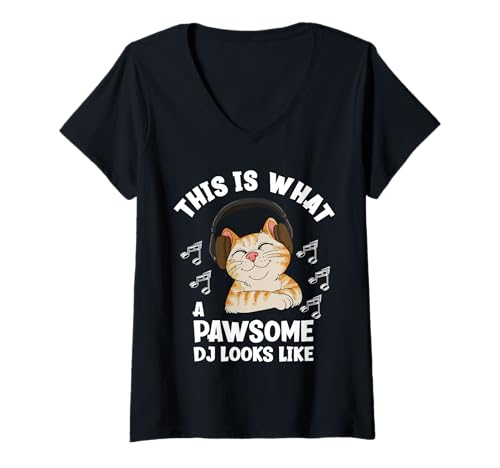Damen So Sieht EIN toller DJ aus Lustiger Katzenliebhaber T-Shirt mit V-Ausschnitt Damen So Sieht EIN toller DJ aus Lustiger Katzenliebhaber T-Shirt mit V-Ausschnitt von Funny Music Producer Designs For Disc Jockeys
