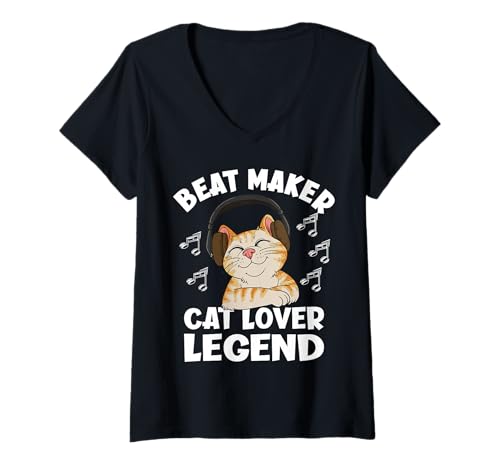 Damen Beat Maker Katzenliebhaber Legende Lustiger Musikproduzent T-Shirt mit V-Ausschnitt Damen Beat Maker Katzenliebhaber Legende Lustiger Musikproduzent T-Shirt mit V-Ausschnitt von Funny Music Producer Designs For Music Lovers