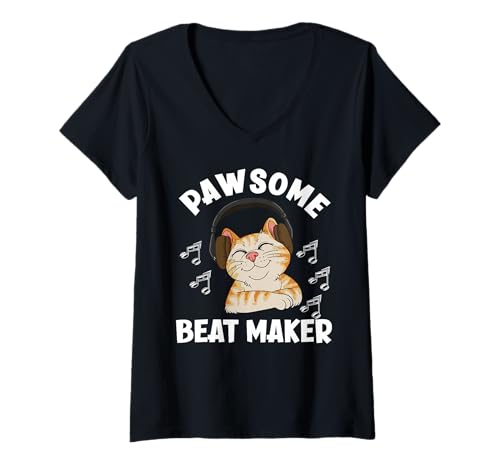 Damen Pawsome Beat Maker Lustiger Ingwer Katzenliebhaber Musikproduzent T-Shirt mit V-Ausschnitt Damen Pawsome Beat Maker Lustiger Ingwer Katzenliebhaber Musikproduzent T-Shirt mit V-Ausschnitt von Funny Music Producer Designs For Music Lovers