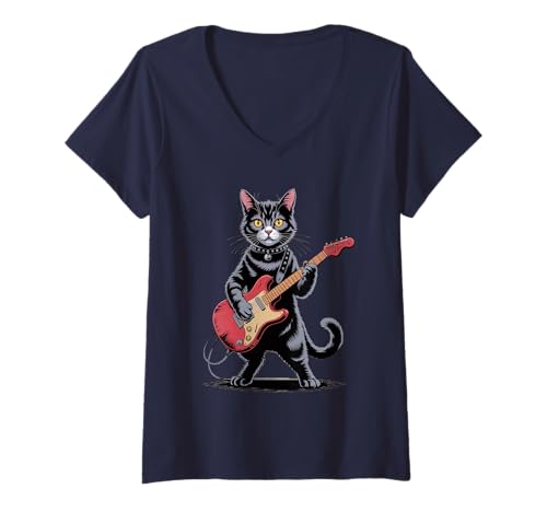 Damen Vintage Domestic Shorthair Katze spielt Gitarre Funny T-Shirt mit V-Ausschnitt Damen Vintage Domestic Shorthair Katze spielt Gitarre Funny T-Shirt mit V-Ausschnitt von Funny Musical Cat Playing Guitar Cool Tee