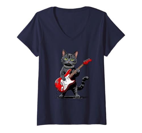 Damen Vintage Domestic Shorthair Katze spielt Gitarre Funny T-Shirt mit V-Ausschnitt Damen Vintage Domestic Shorthair Katze spielt Gitarre Funny T-Shirt mit V-Ausschnitt von Funny Musical Cat Playing Guitar Cool Tee